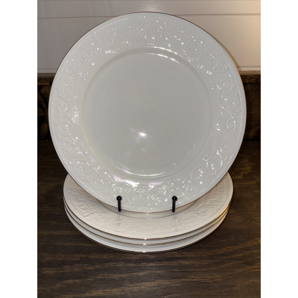 4-Farberware Calais 4173 Dinner Plate 10.5" Scroll White w/ Gold Trim